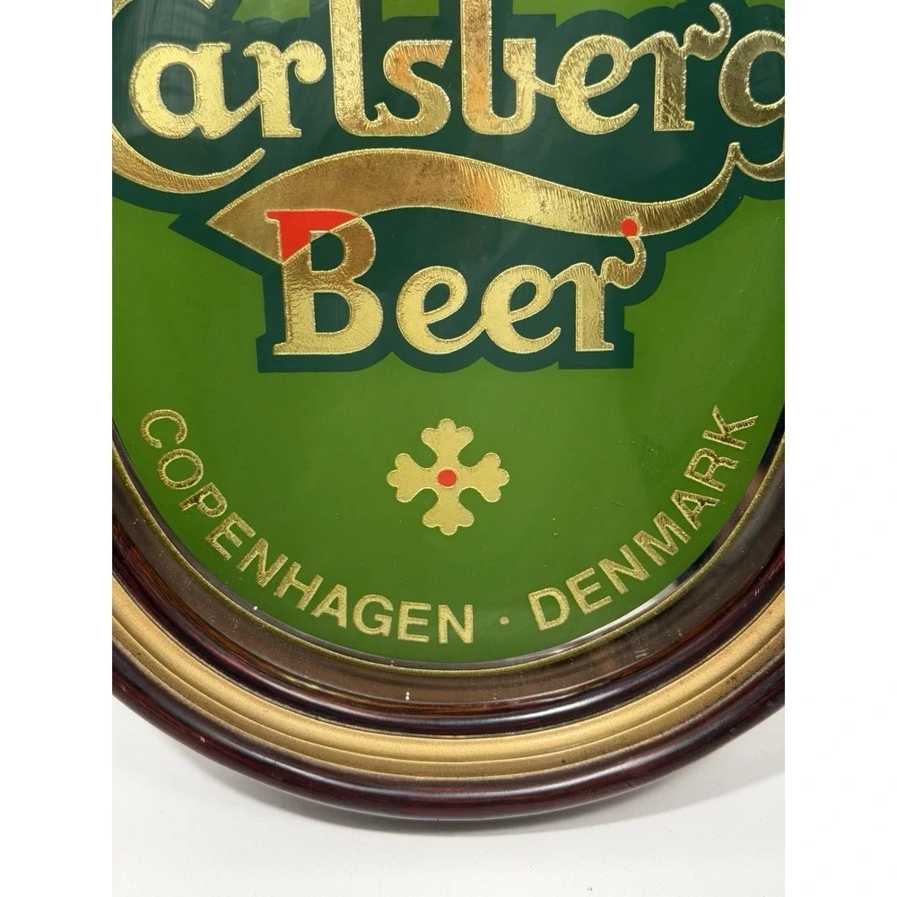 Carlsberg Beer Sign Mirror with Wood Frame Copenhagen Denmark Vintage 1990